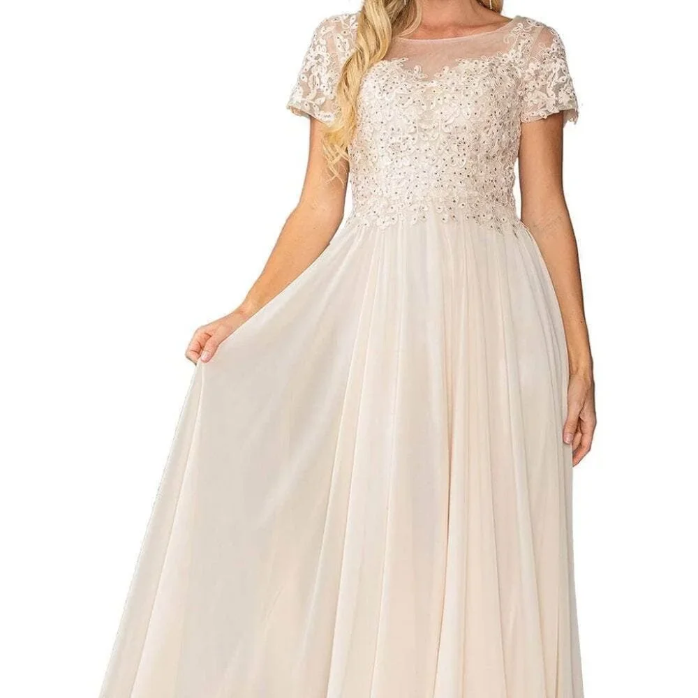 NWT Dancing Queen 4433 Rhinestones Formal Gown Champagne Size L
